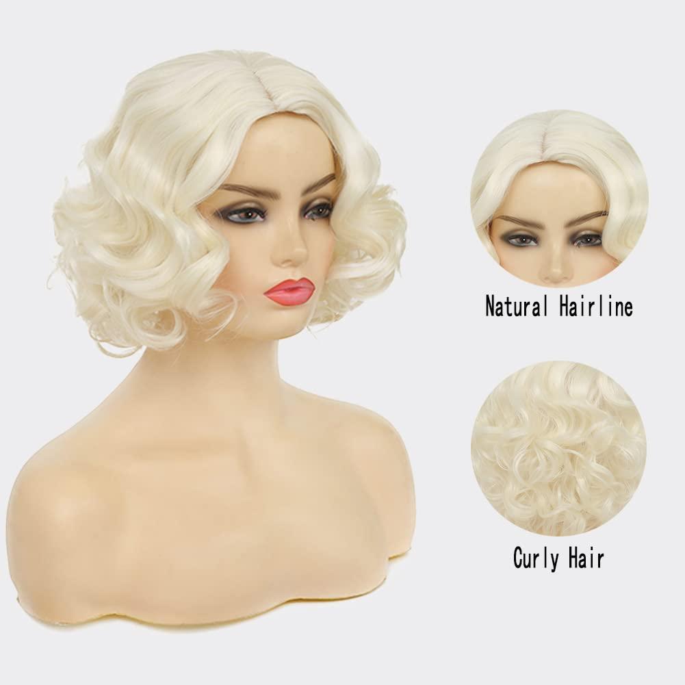 imageBlonde Curly Short Finger Wave Wigs for Lady with Bangs Synthetic Hair Natural Cosplay Halloween Costume Women WigsBlonde