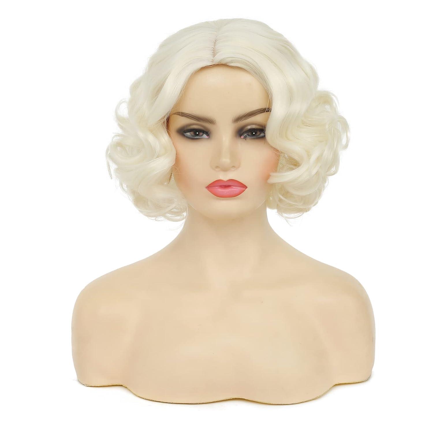 imageBlonde Curly Short Finger Wave Wigs for Lady with Bangs Synthetic Hair Natural Cosplay Halloween Costume Women WigsBlonde