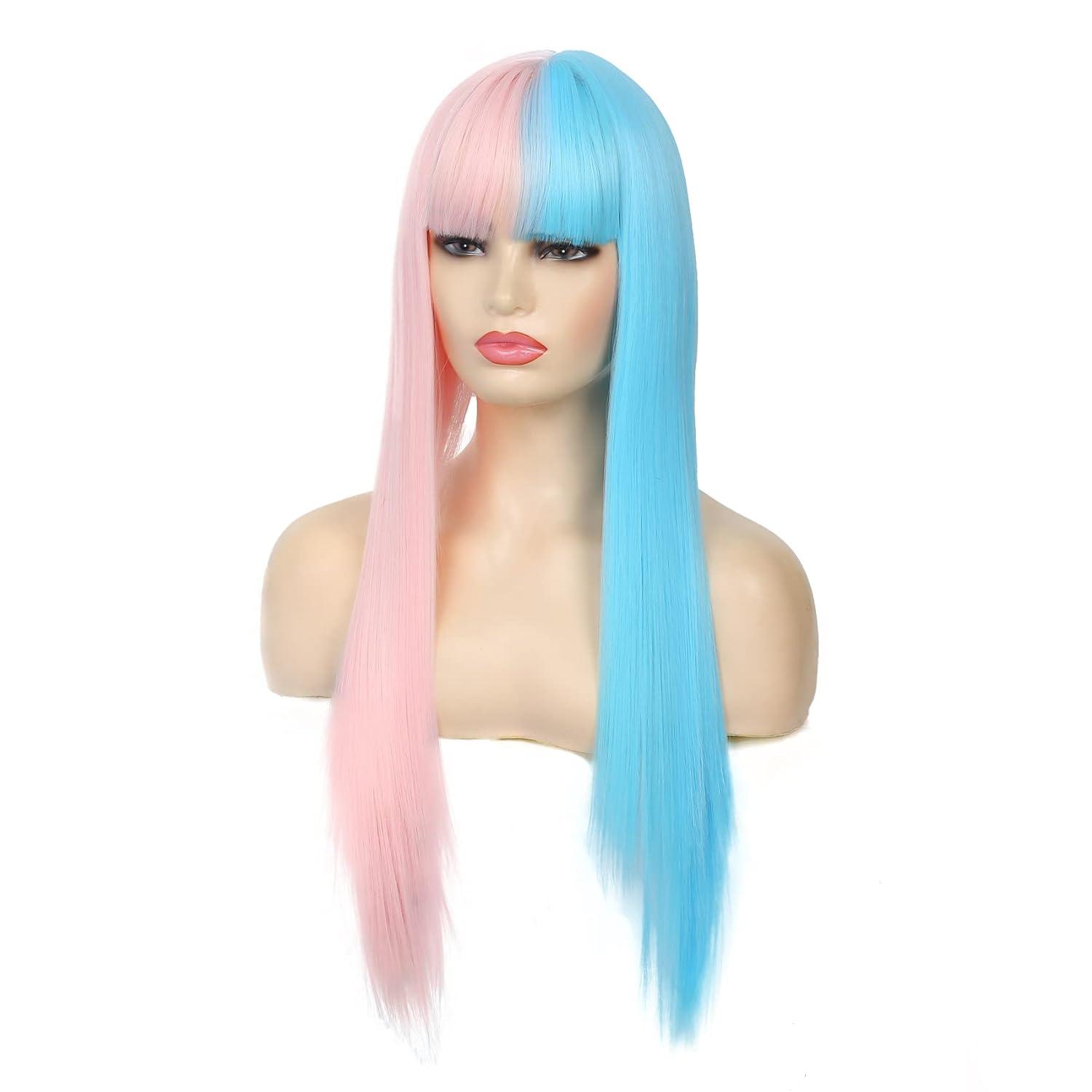 imageBlue and Pink Wigs with Bangs for Women Long Straight Women Wigs Natural Looking Halloween Cosplay Wig