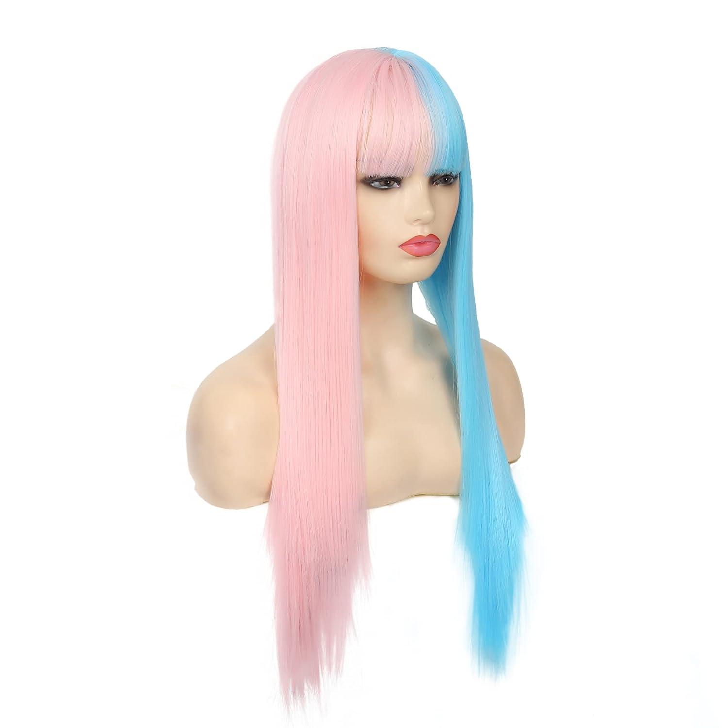 imageBlue and Pink Wigs with Bangs for Women Long Straight Women Wigs Natural Looking Halloween Cosplay Wig