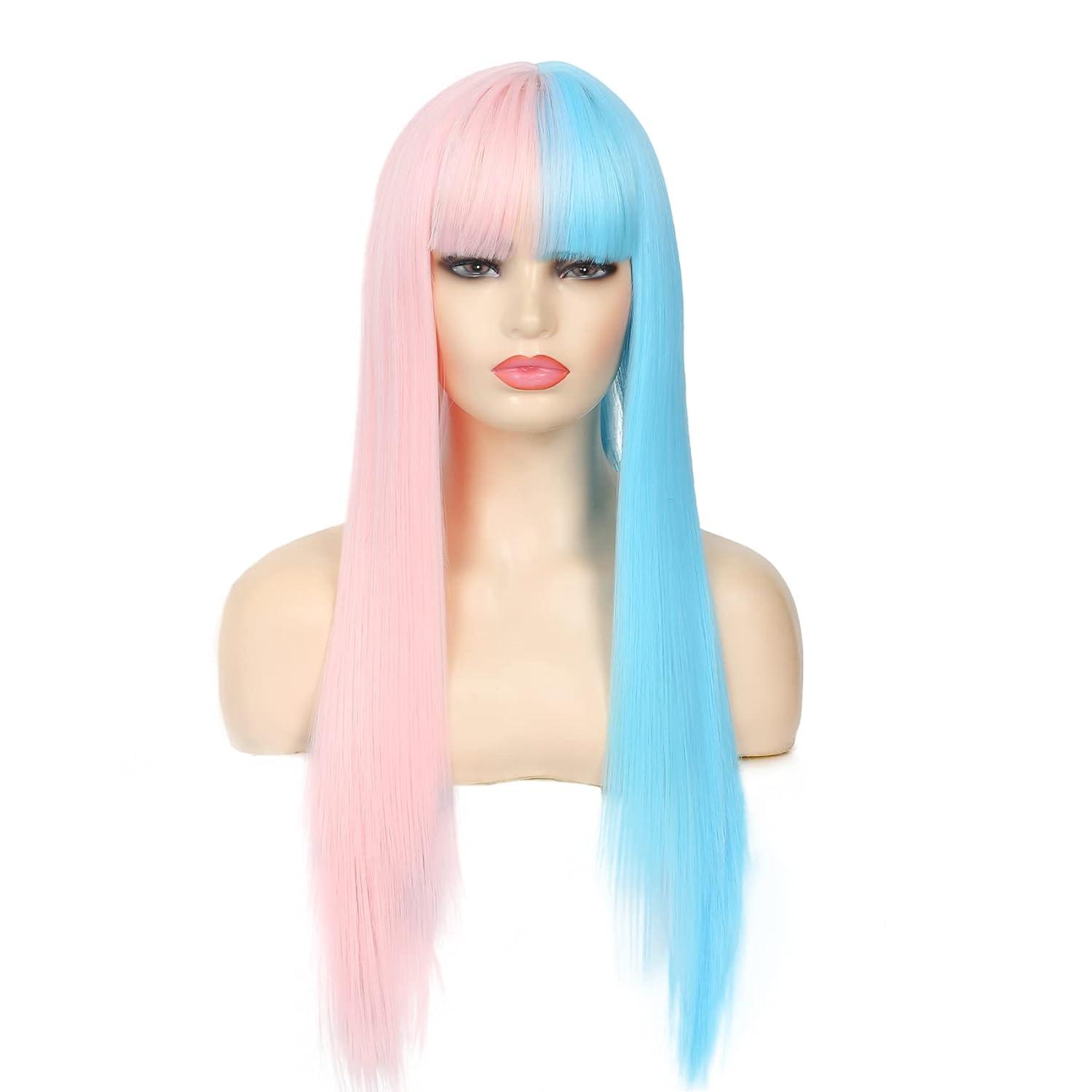 imageBlue and Pink Wigs with Bangs for Women Long Straight Women Wigs Natural Looking Halloween Cosplay Wig