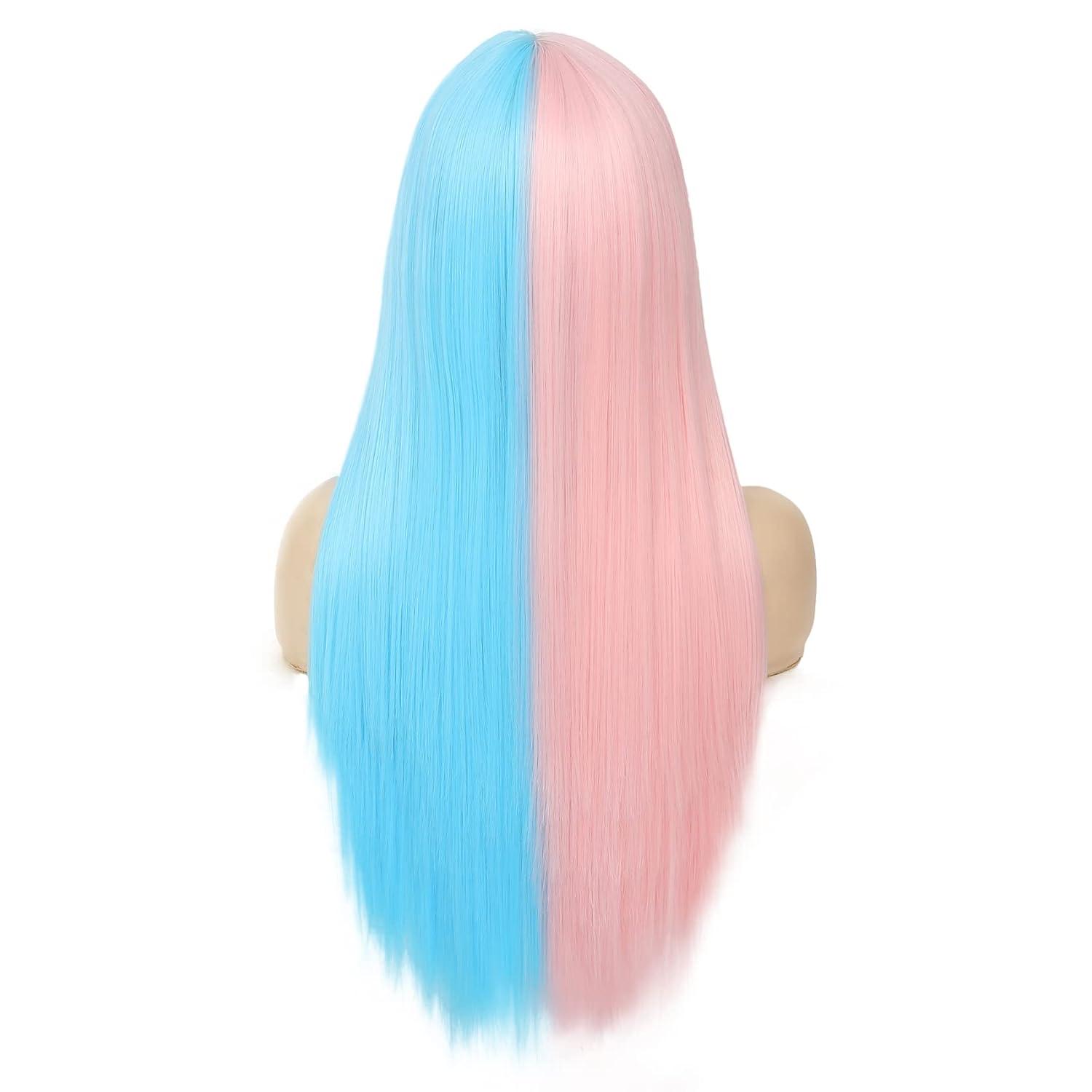imageBlue and Pink Wigs with Bangs for Women Long Straight Women Wigs Natural Looking Halloween Cosplay Wig