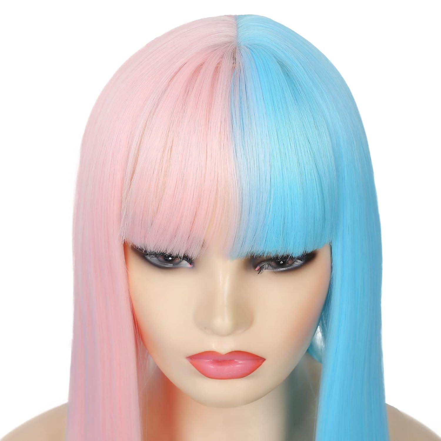 imageBlue and Pink Wigs with Bangs for Women Long Straight Women Wigs Natural Looking Halloween Cosplay Wig