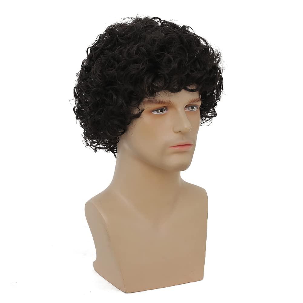 imageBrown Curly Short Afro Wig for Male Guy California Mens Cosplay Costume Daily Hair Synthetic Halloween Mens Full WigsBlack