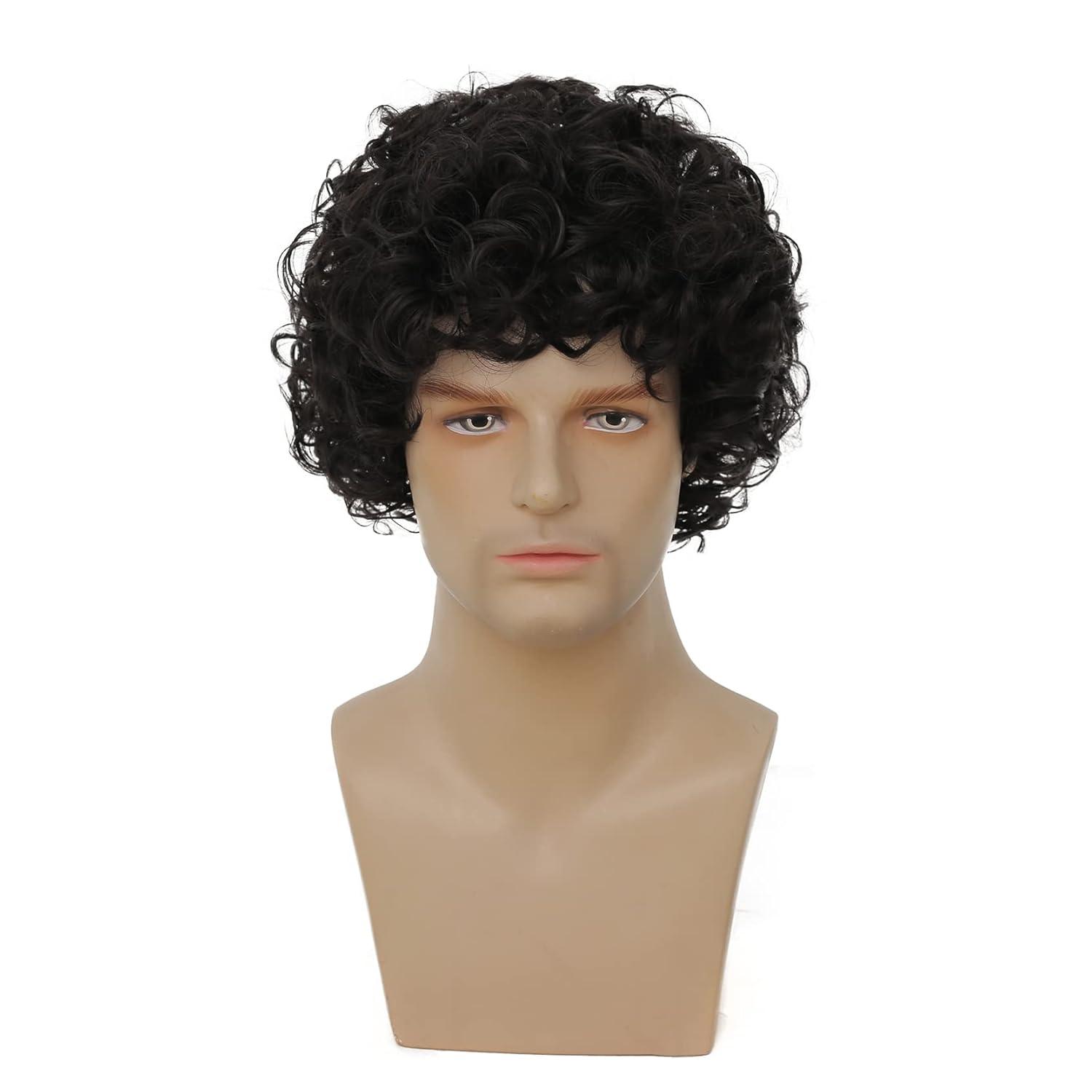 imageBrown Curly Short Afro Wig for Male Guy California Mens Cosplay Costume Daily Hair Synthetic Halloween Mens Full WigsBlack