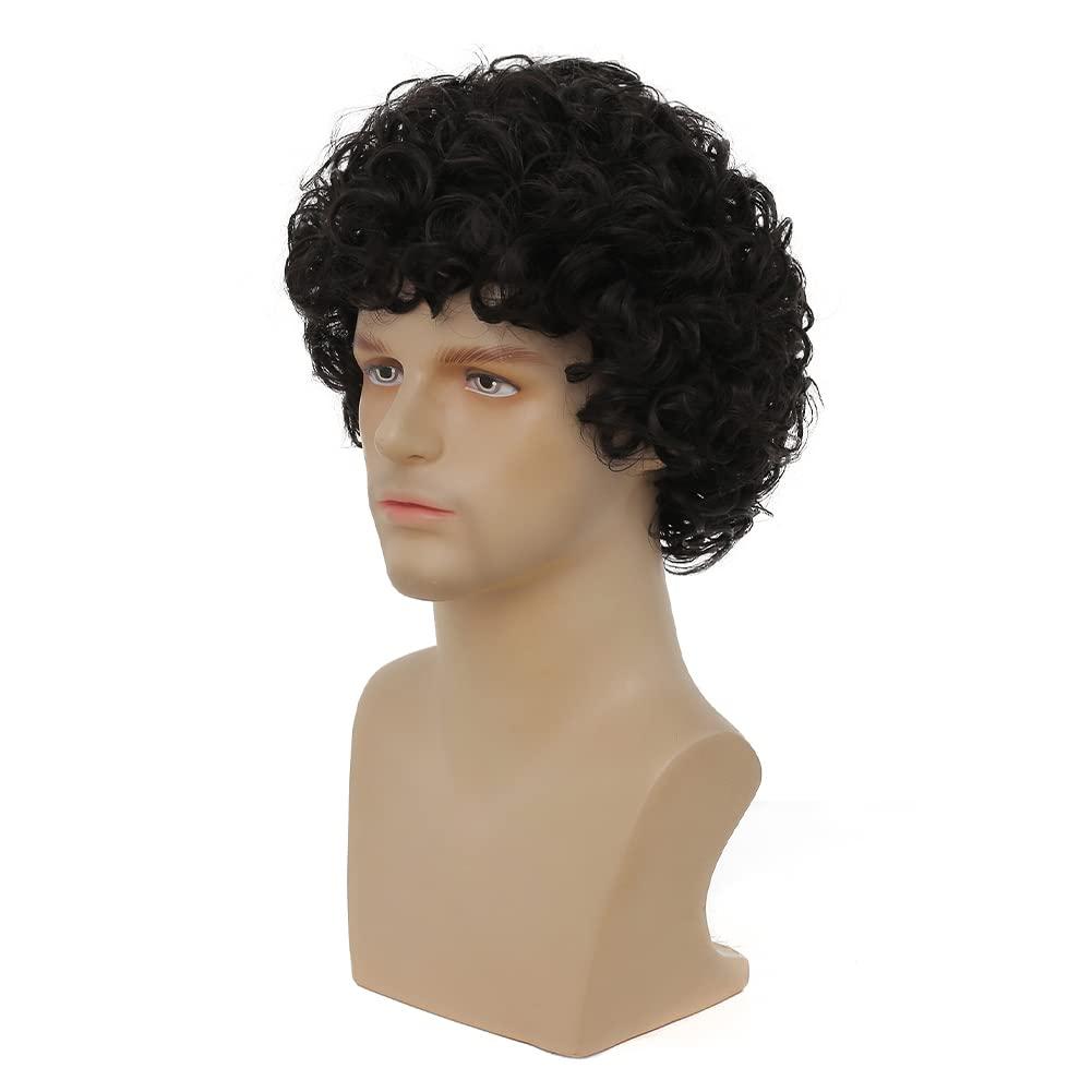 imageBrown Curly Short Afro Wig for Male Guy California Mens Cosplay Costume Daily Hair Synthetic Halloween Mens Full WigsBlack