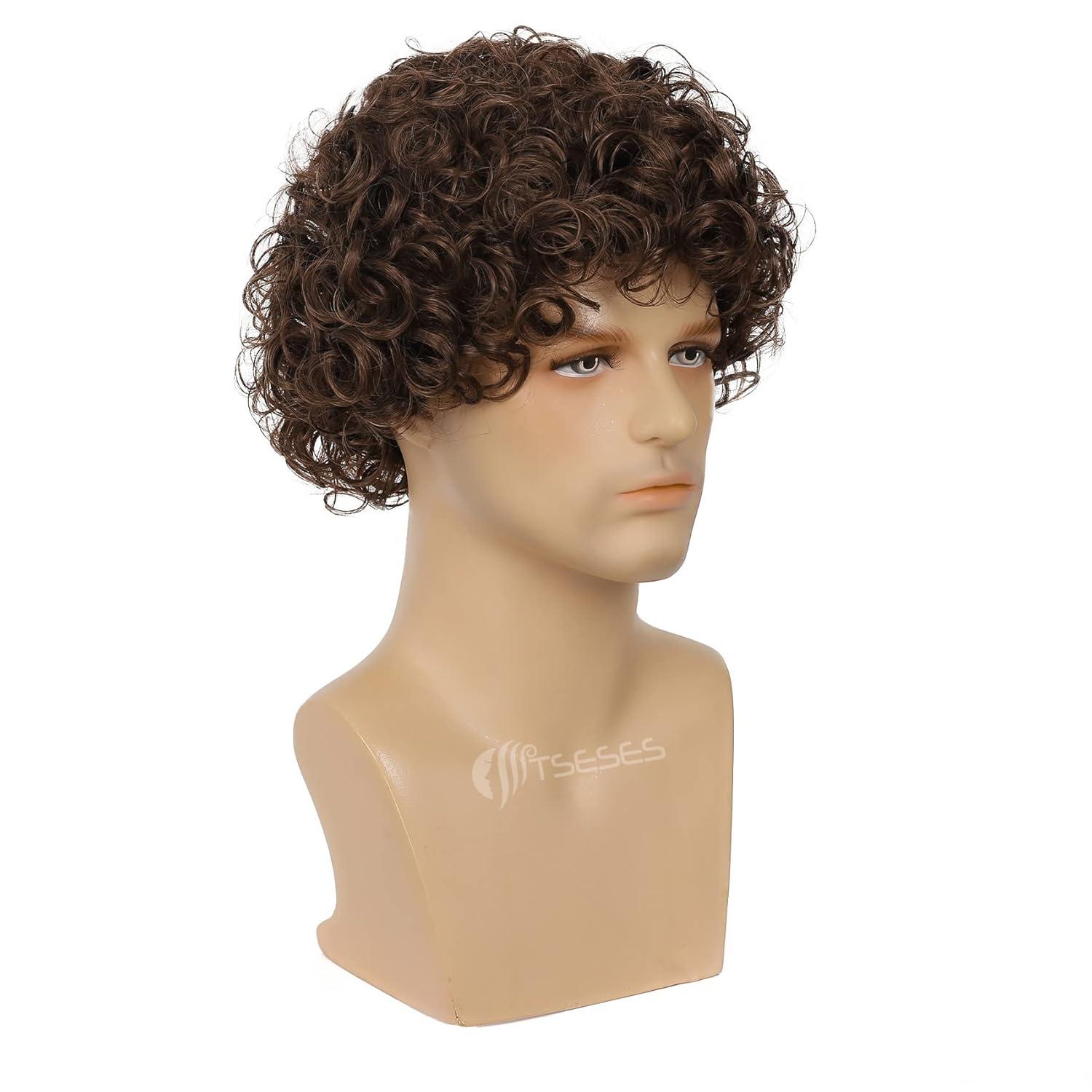 imageBrown Curly Short Afro Wig for Male Guy California Mens Cosplay Costume Daily Hair Synthetic Halloween Mens Full WigsBrown