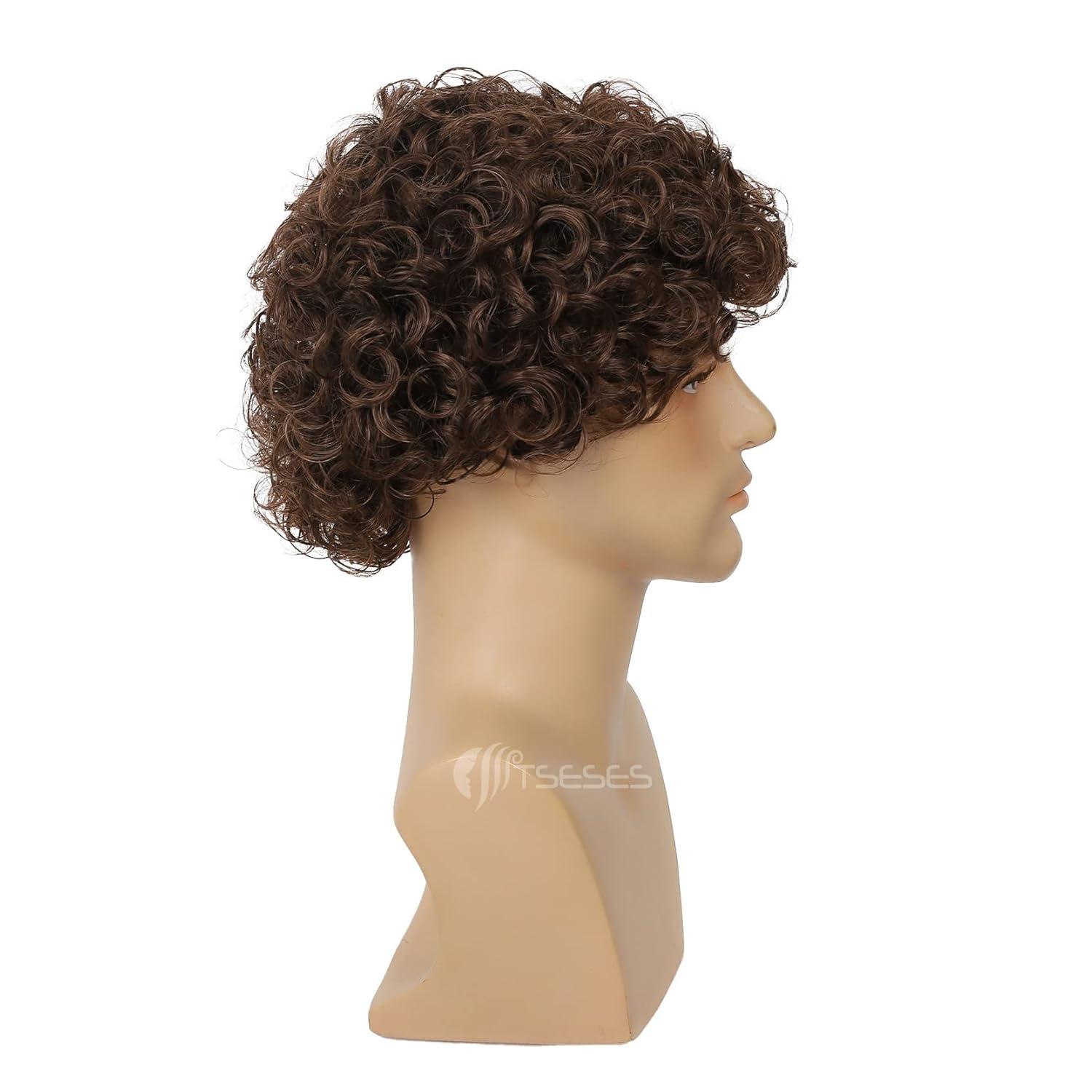 imageBrown Curly Short Afro Wig for Male Guy California Mens Cosplay Costume Daily Hair Synthetic Halloween Mens Full WigsBrown