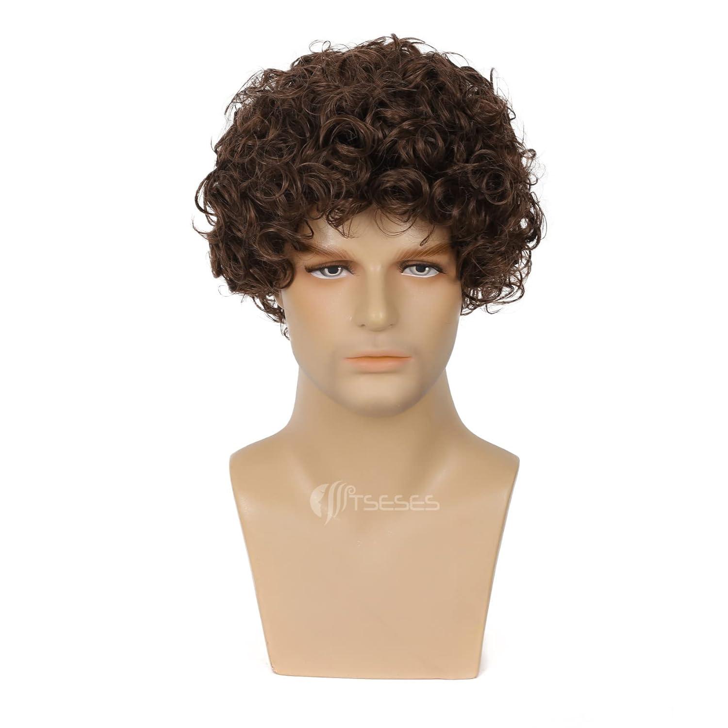 imageBrown Curly Short Afro Wig for Male Guy California Mens Cosplay Costume Daily Hair Synthetic Halloween Mens Full WigsBrown