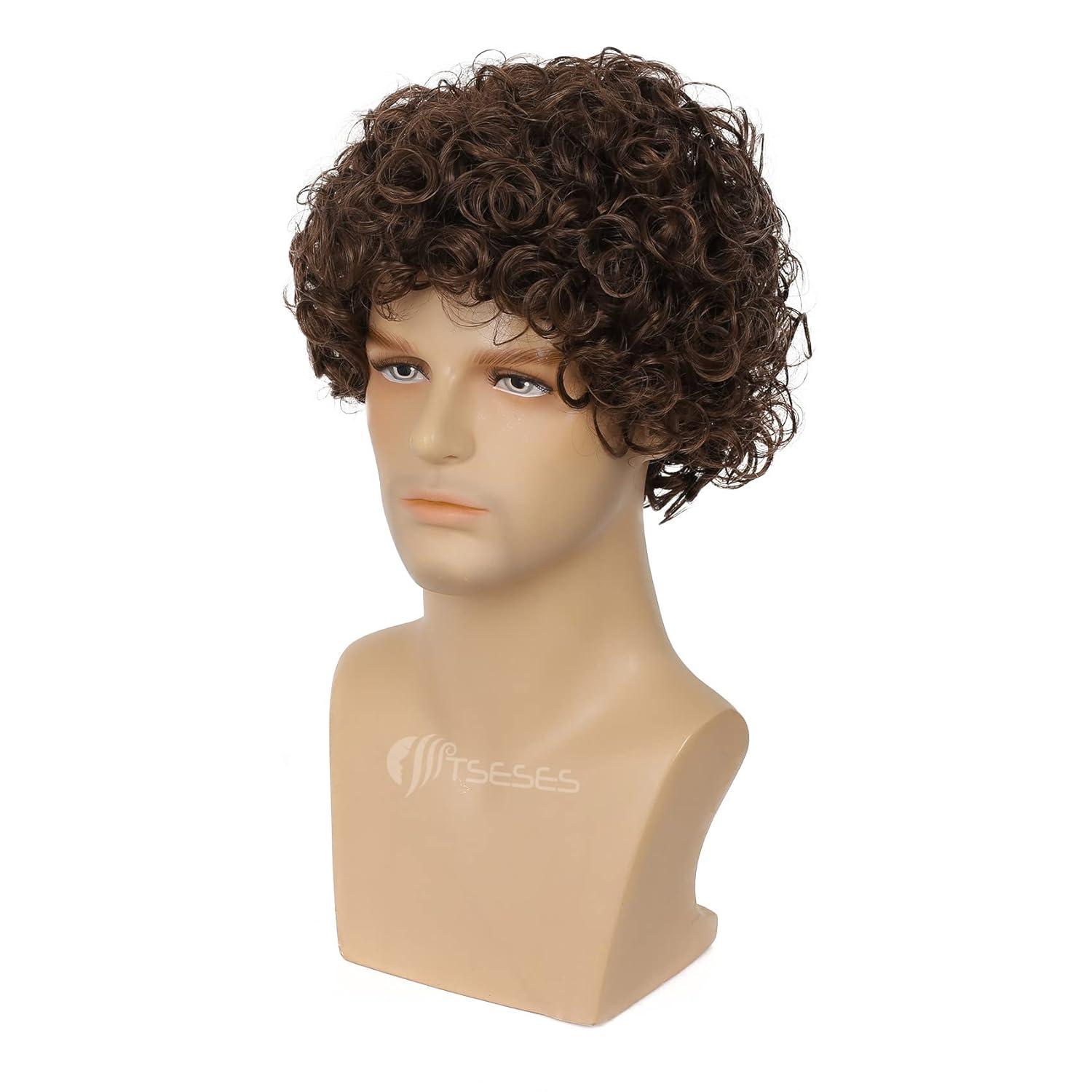 imageBrown Curly Short Afro Wig for Male Guy California Mens Cosplay Costume Daily Hair Synthetic Halloween Mens Full WigsBrown