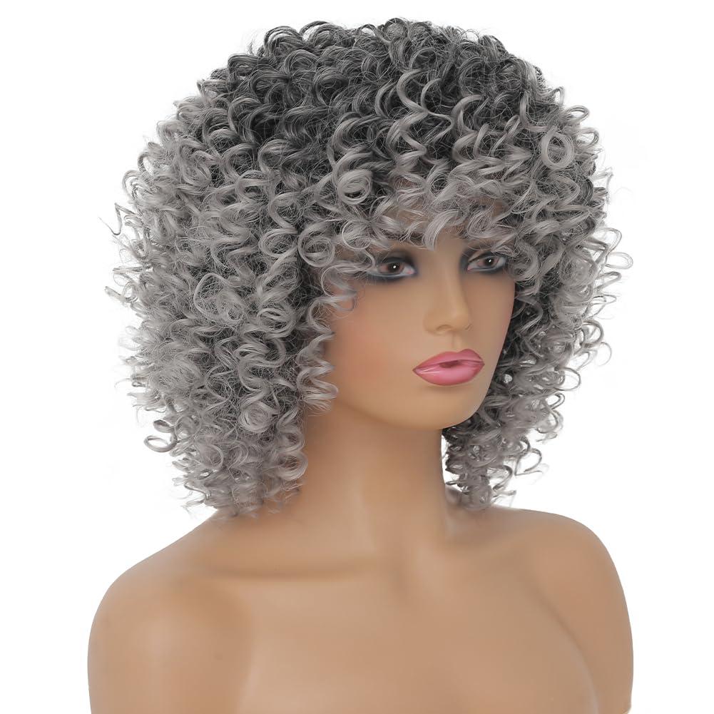 imageGrey Afro Curly Wigs for Black Women Dark Roots with Bangs Wig Short Wave Kinky Synthetic Daily Use WigGrey