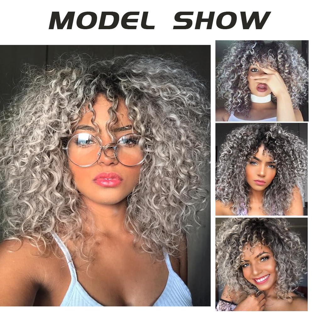 imageGrey Afro Curly Wigs for Black Women Dark Roots with Bangs Wig Short Wave Kinky Synthetic Daily Use WigGrey