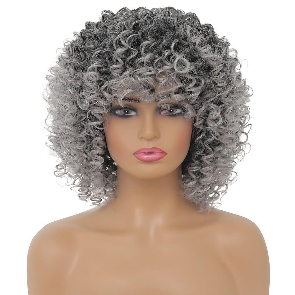 imageGrey Afro Curly Wigs for Black Women Dark Roots with Bangs Wig Short Wave Kinky Synthetic Daily Use WigGrey