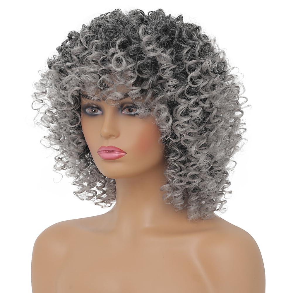 imageGrey Afro Curly Wigs for Black Women Dark Roots with Bangs Wig Short Wave Kinky Synthetic Daily Use WigGrey