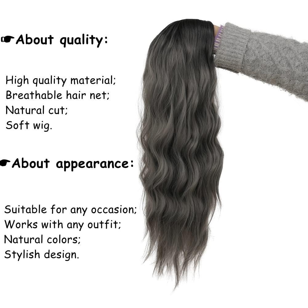 imageLong Black Curly Wavy Wigs for Women Side Part Natural Looking Synthetic Hair Wig Cosplay Halloween Costume WigsOmbre Grey