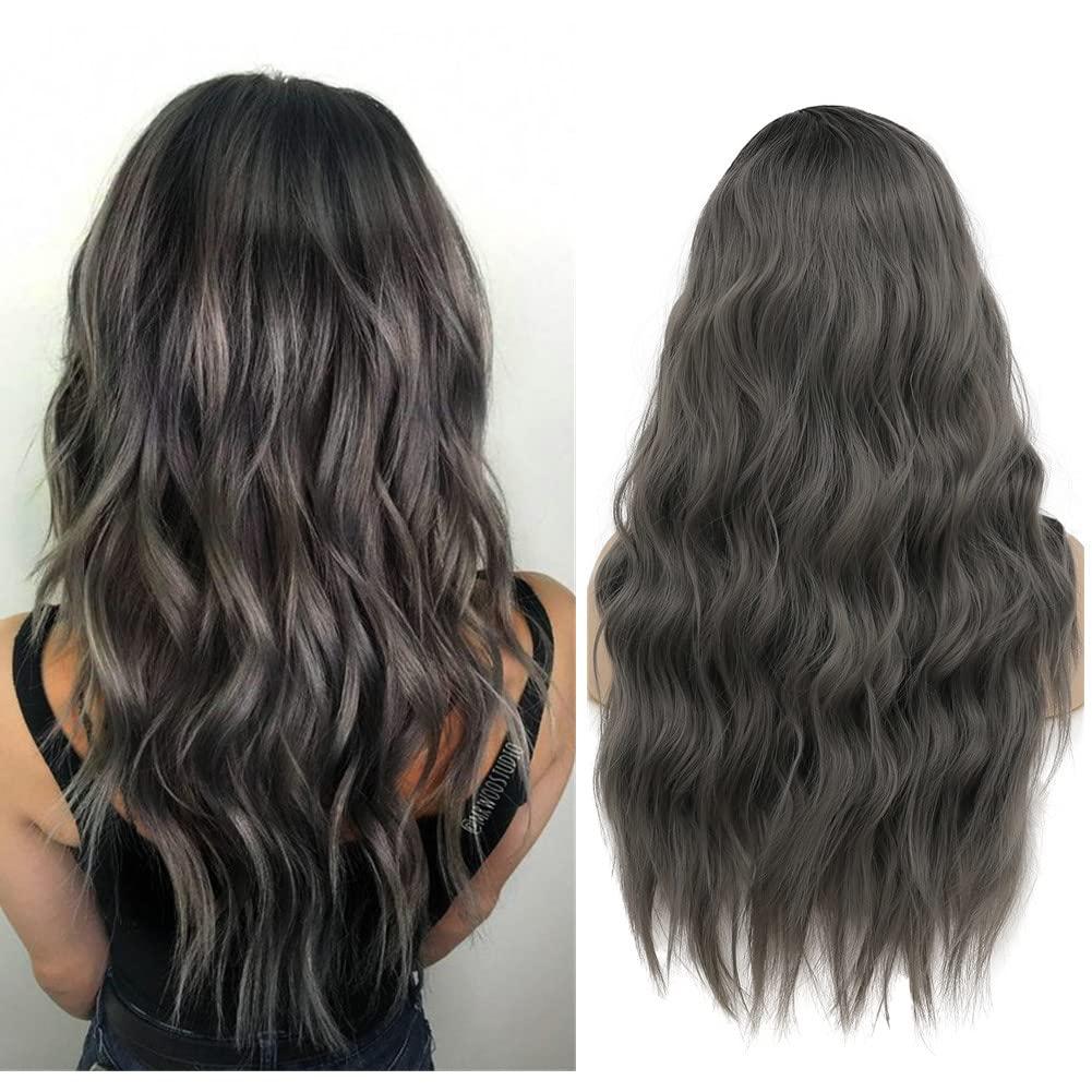 imageLong Black Curly Wavy Wigs for Women Side Part Natural Looking Synthetic Hair Wig Cosplay Halloween Costume WigsOmbre Grey