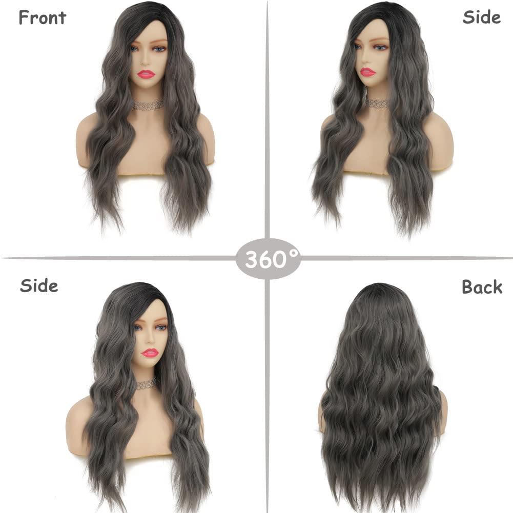 imageLong Black Curly Wavy Wigs for Women Side Part Natural Looking Synthetic Hair Wig Cosplay Halloween Costume WigsOmbre Grey