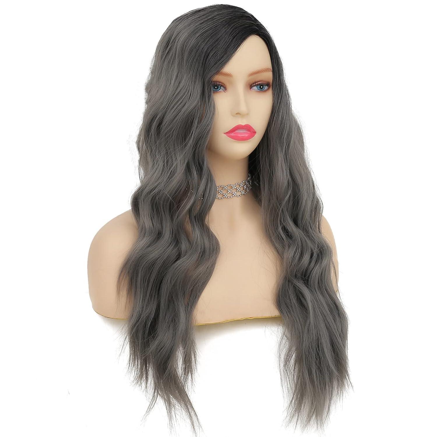 imageLong Black Curly Wavy Wigs for Women Side Part Natural Looking Synthetic Hair Wig Cosplay Halloween Costume WigsOmbre Grey