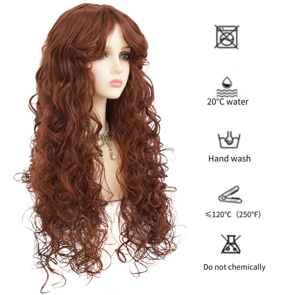 imageLong Red Curly Wavy Wigs with Bangs Natural Looking Wig Heat Resistantant Cosplay Halloween Hair WigsCurly Brown