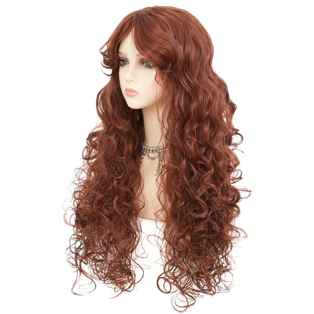 imageLong Red Curly Wavy Wigs with Bangs Natural Looking Wig Heat Resistantant Cosplay Halloween Hair WigsCurly Brown