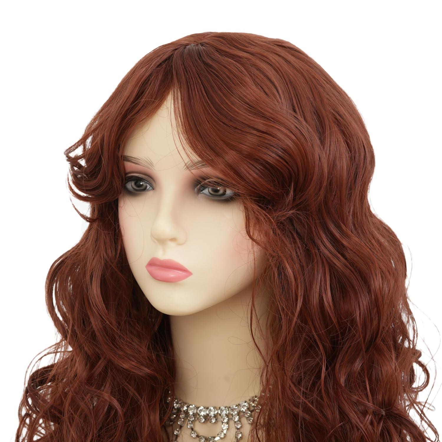imageLong Red Curly Wavy Wigs with Bangs Natural Looking Wig Heat Resistantant Cosplay Halloween Hair WigsCurly Brown