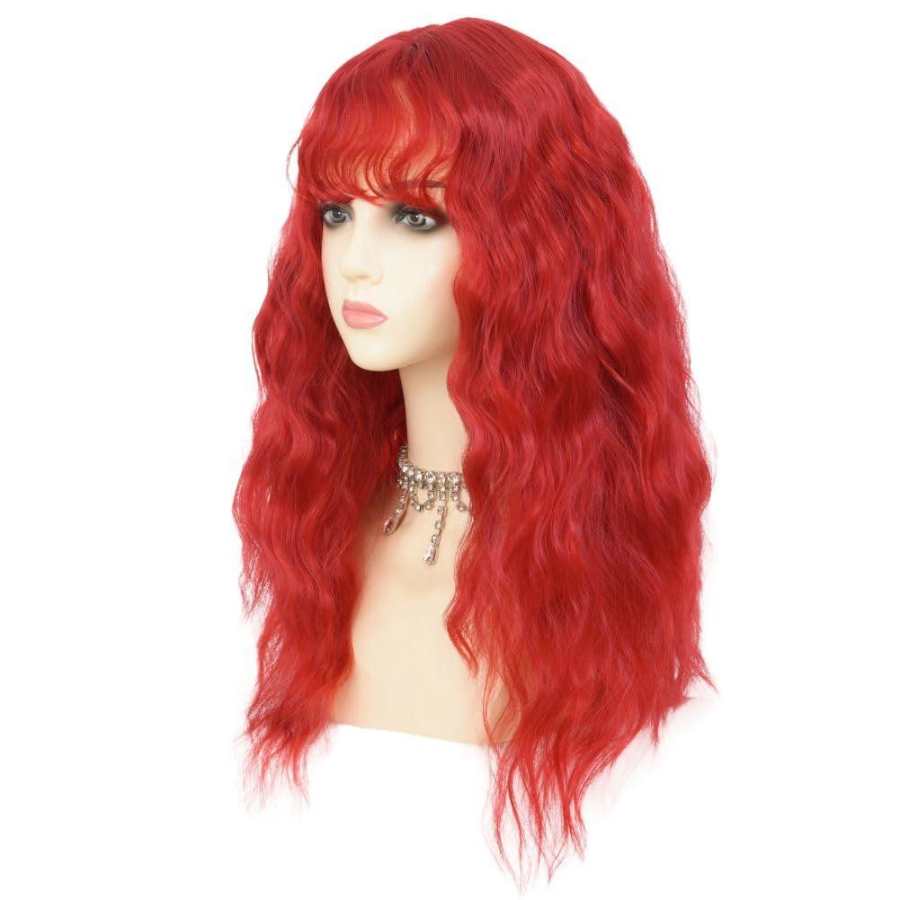 imageLong Red Curly Wavy Wigs with Bangs Natural Looking Wig Heat Resistantant Cosplay Halloween Hair WigsCurly Red