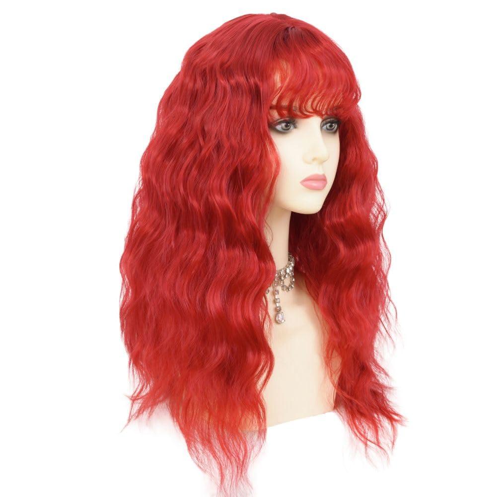 imageLong Red Curly Wavy Wigs with Bangs Natural Looking Wig Heat Resistantant Cosplay Halloween Hair WigsCurly Red