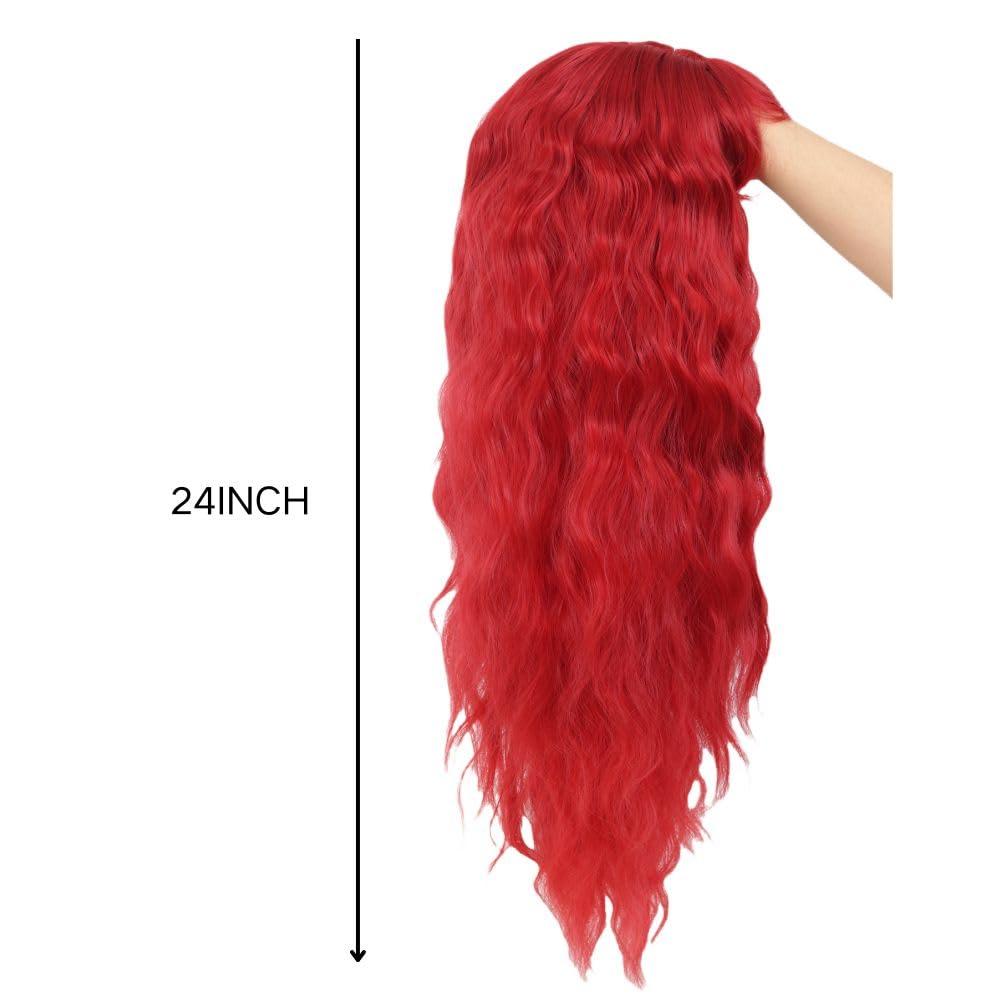 imageLong Red Curly Wavy Wigs with Bangs Natural Looking Wig Heat Resistantant Cosplay Halloween Hair WigsCurly Red