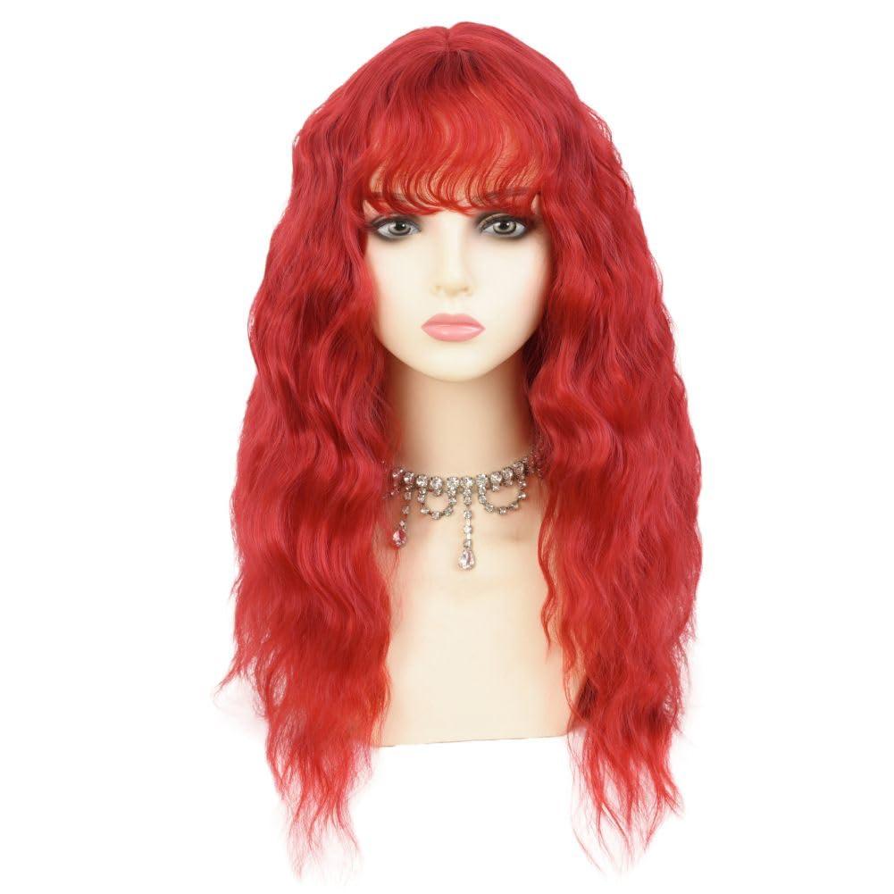 imageLong Red Curly Wavy Wigs with Bangs Natural Looking Wig Heat Resistantant Cosplay Halloween Hair WigsCurly Red