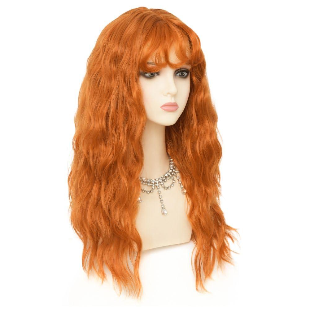 imageLong Red Curly Wavy Wigs with Bangs Natural Looking Wig Heat Resistantant Cosplay Halloween Hair WigsOrange