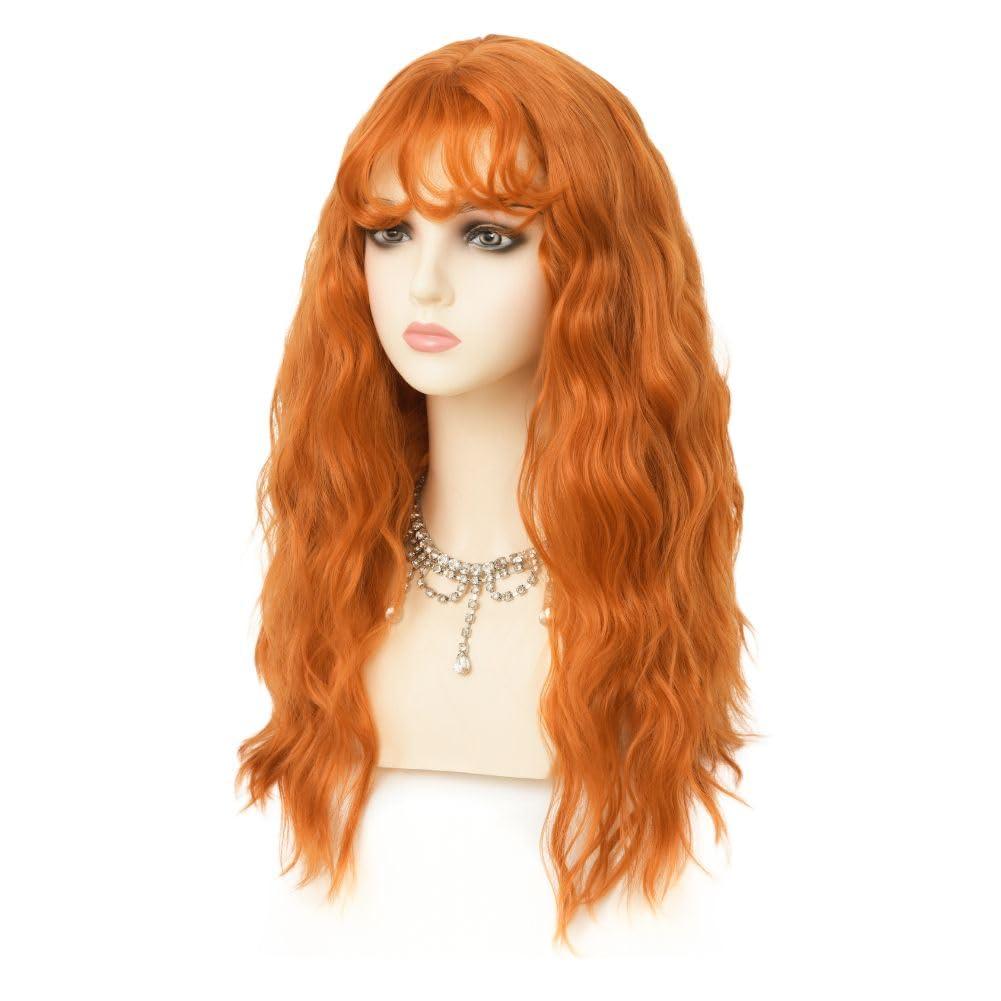 imageLong Red Curly Wavy Wigs with Bangs Natural Looking Wig Heat Resistantant Cosplay Halloween Hair WigsOrange