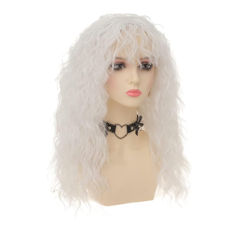 imageLong Red Curly Wavy Wigs with Bangs Natural Looking Wig Heat Resistantant Cosplay Halloween Hair WigsWhite