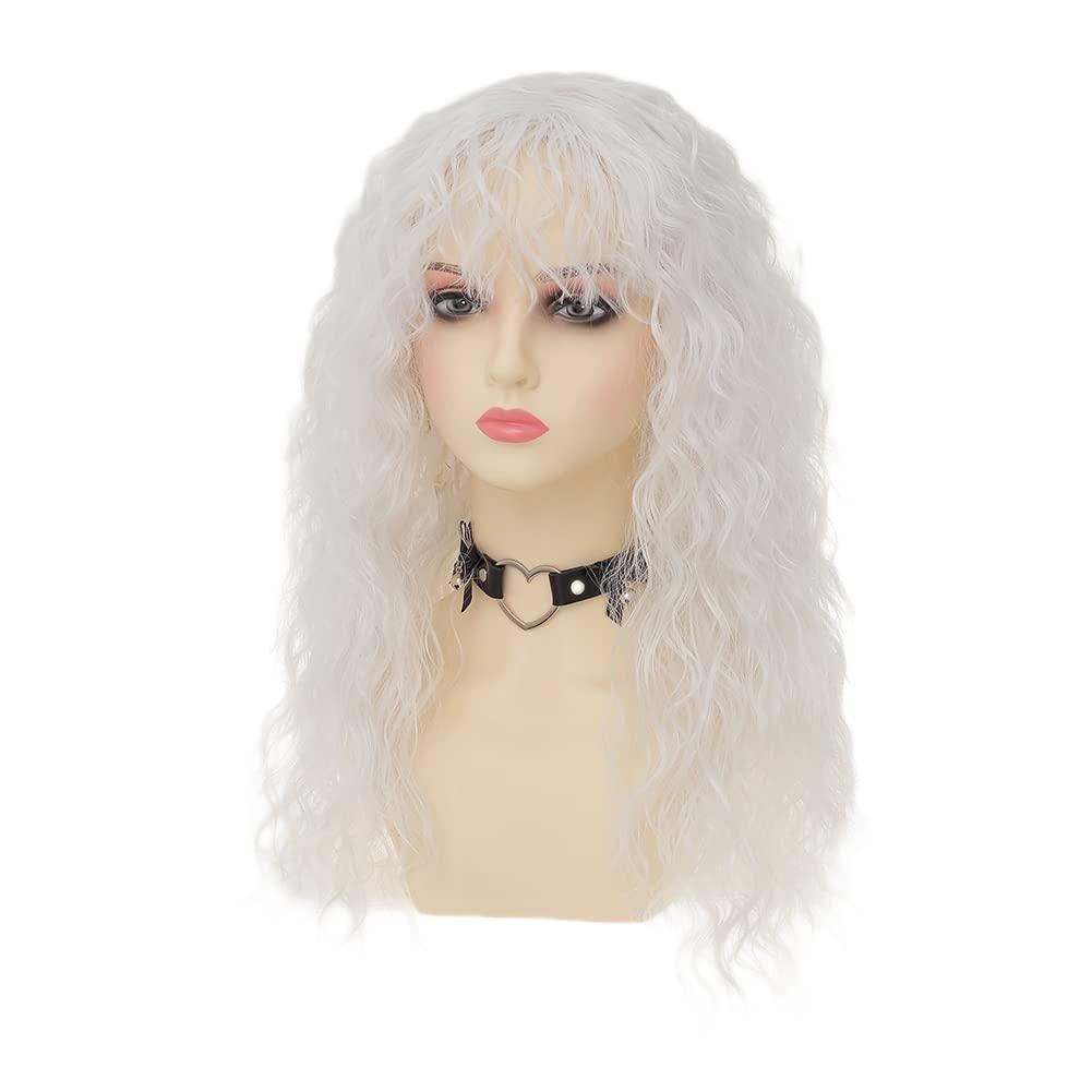 imageLong Red Curly Wavy Wigs with Bangs Natural Looking Wig Heat Resistantant Cosplay Halloween Hair WigsWhite