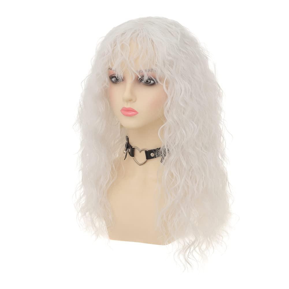 imageLong Red Curly Wavy Wigs with Bangs Natural Looking Wig Heat Resistantant Cosplay Halloween Hair WigsWhite