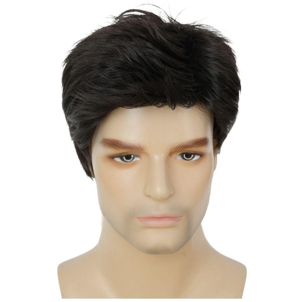 imageMens Black Short Wigs Natural Hair Male Wig Fluffy Synthetic Fibre Heat Resistant Halloween Cosplay WigBlack