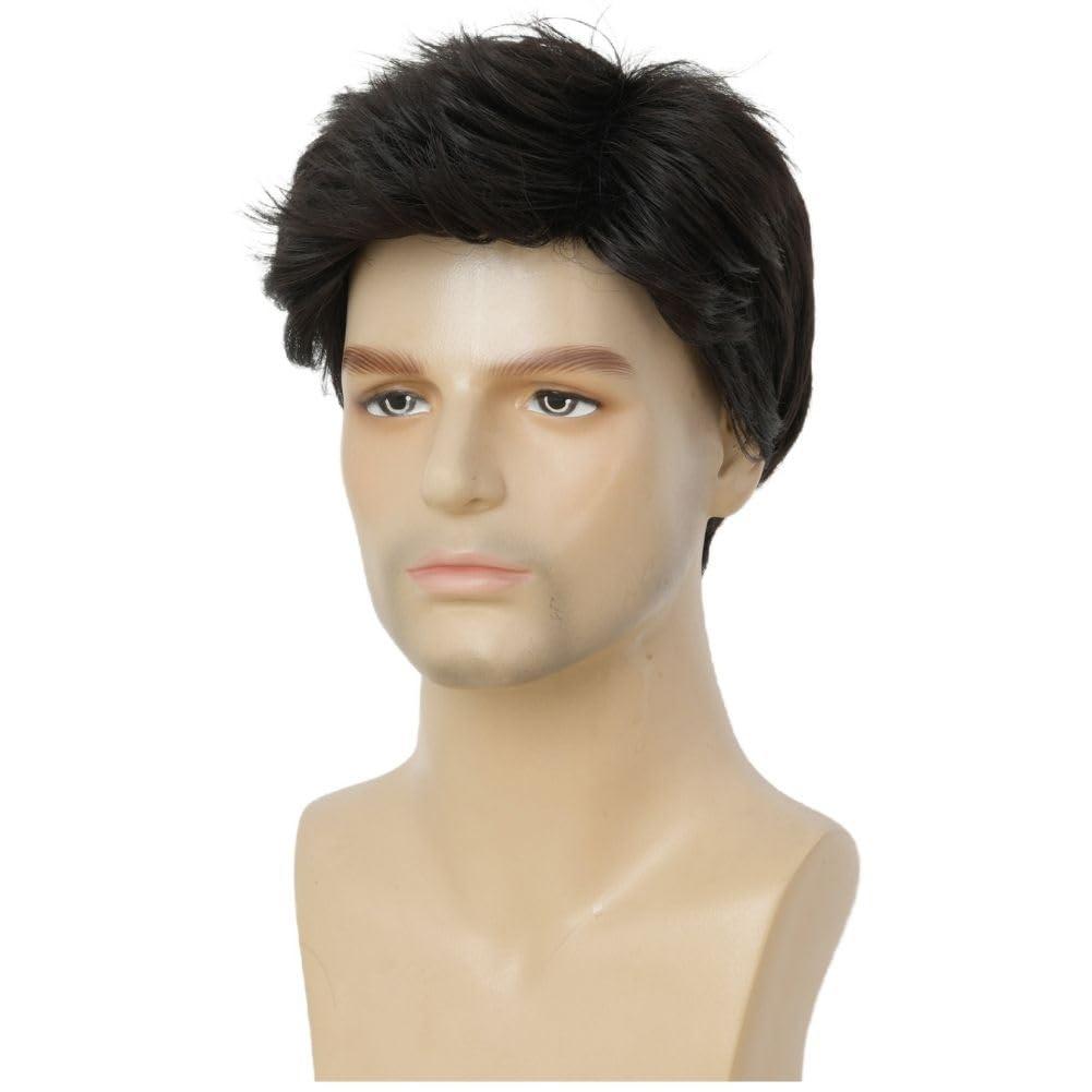 imageMens Black Short Wigs Natural Hair Male Wig Fluffy Synthetic Fibre Heat Resistant Halloween Cosplay WigBlack