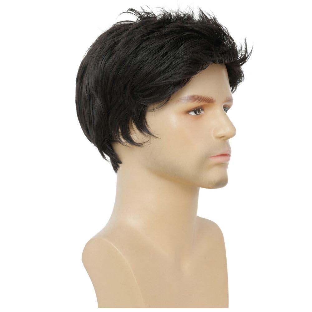 imageMens Black Short Wigs Natural Hair Male Wig Fluffy Synthetic Fibre Heat Resistant Halloween Cosplay WigBlack