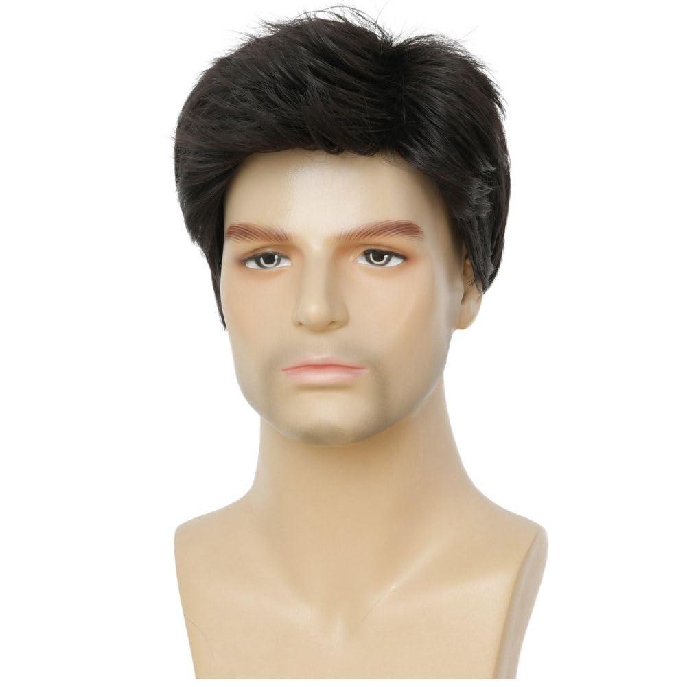 imageMens Black Short Wigs Natural Hair Male Wig Fluffy Synthetic Fibre Heat Resistant Halloween Cosplay WigBlack