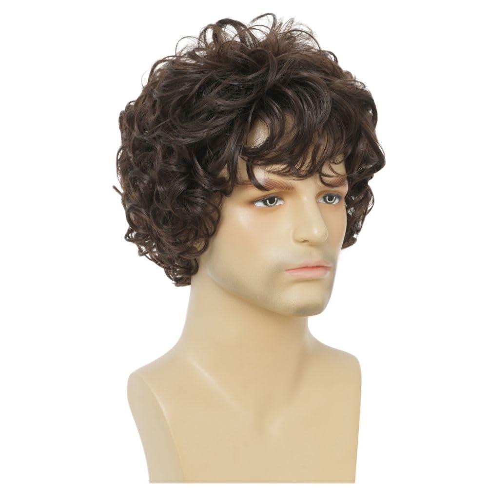 imageMens Brown Short Curly Wig Synthetic Heat Resistant Hair Wigs for Male Cosplay Halloween Daily Guy