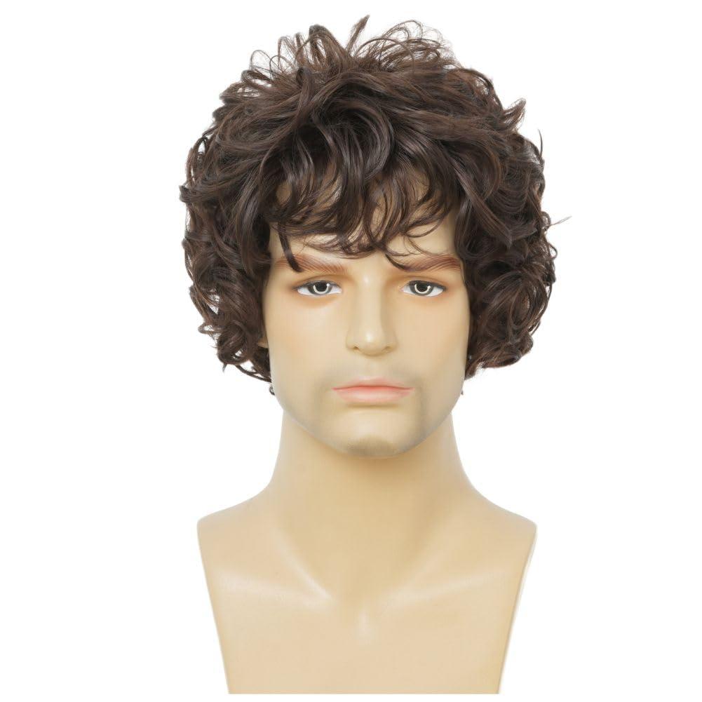 imageMens Brown Short Curly Wig Synthetic Heat Resistant Hair Wigs for Male Cosplay Halloween Daily Guy