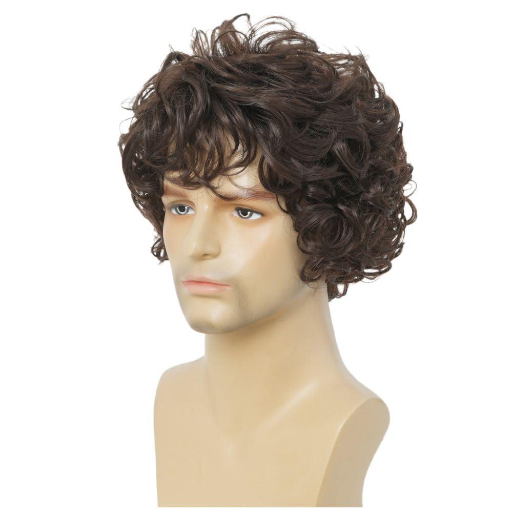 imageMens Brown Short Curly Wig Synthetic Heat Resistant Hair Wigs for Male Cosplay Halloween Daily Guy