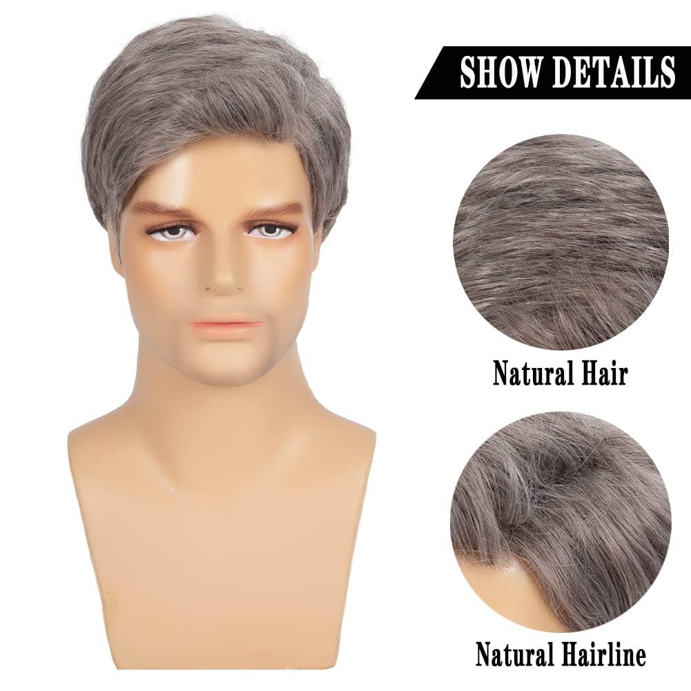 imageMens Long Brown Wig Straight Brown Side Part Wig Synthetic Heat Resistant Hair Wigs Male Guys Daily Party Costume Halloween UseGrey
