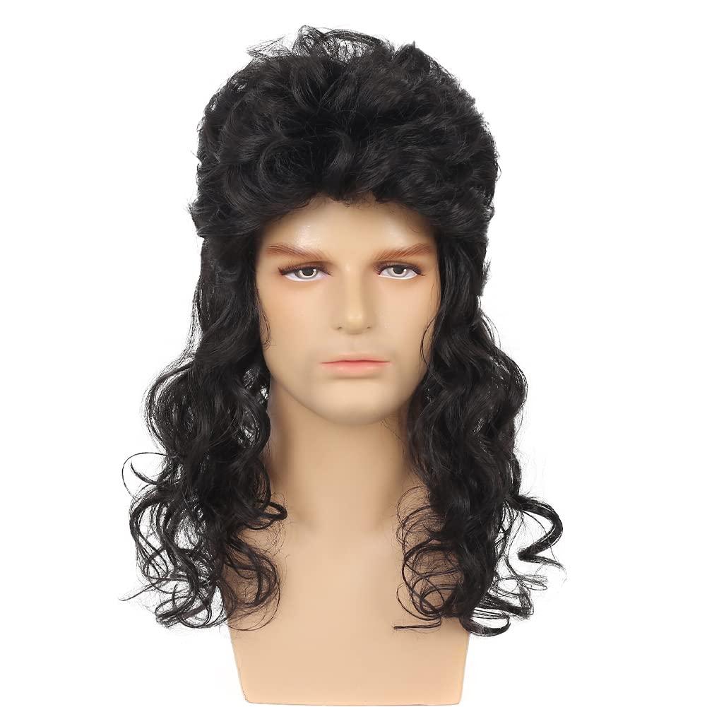 imageMens White Long Curly Wig 70s 80s Rocker Wig with Bangs Synthetic Heat Resistant Halloween Cosplay Costume WigBlack