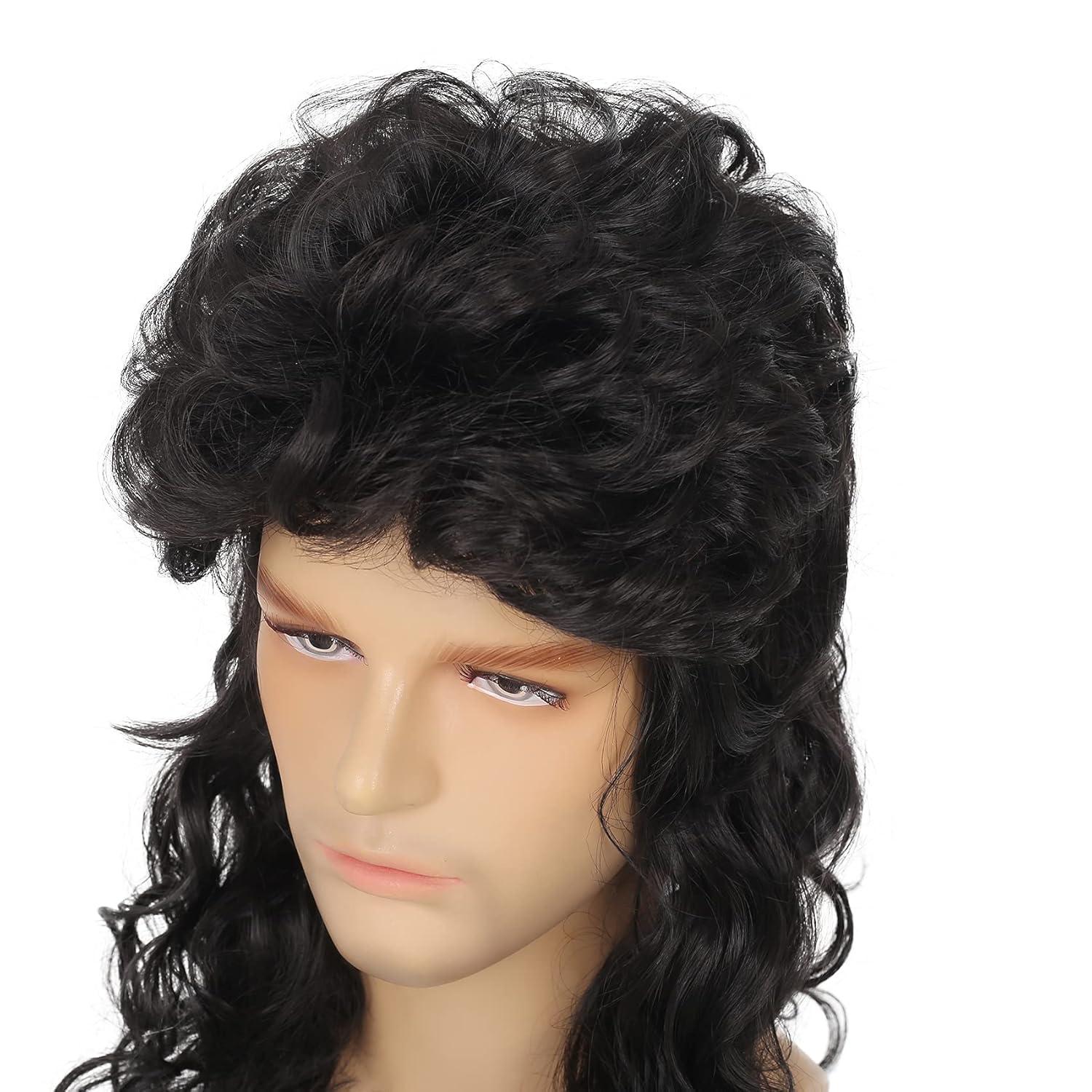 imageMens White Long Curly Wig 70s 80s Rocker Wig with Bangs Synthetic Heat Resistant Halloween Cosplay Costume WigBlack