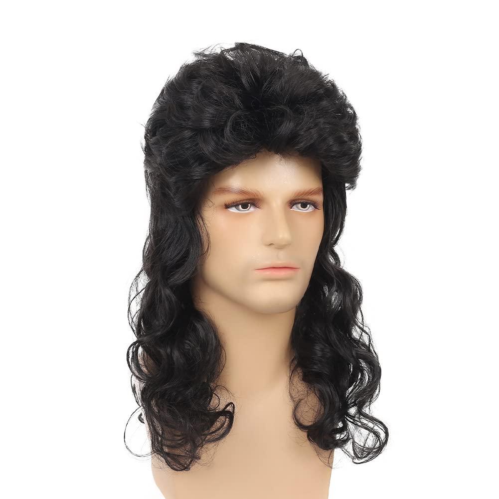 imageMens White Long Curly Wig 70s 80s Rocker Wig with Bangs Synthetic Heat Resistant Halloween Cosplay Costume WigBlack