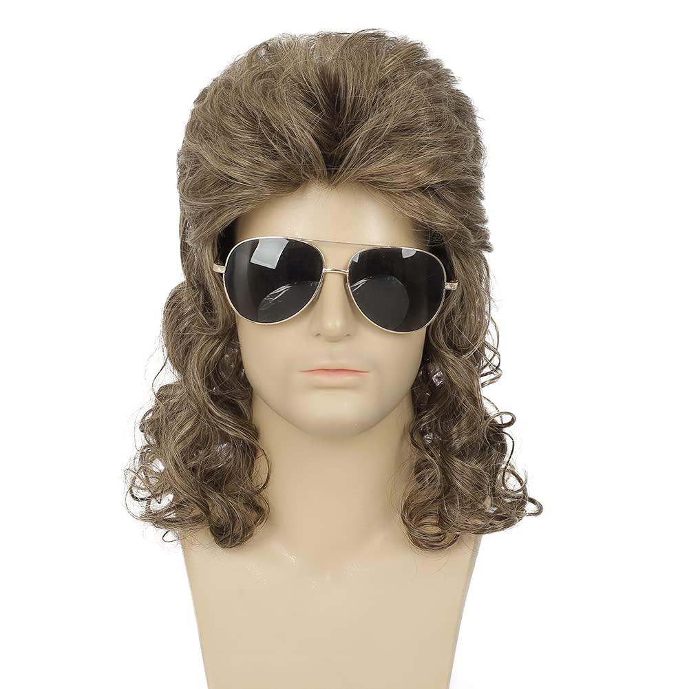 imageMens White Long Curly Wig 70s 80s Rocker Wig with Bangs Synthetic Heat Resistant Halloween Cosplay Costume WigLight Brown