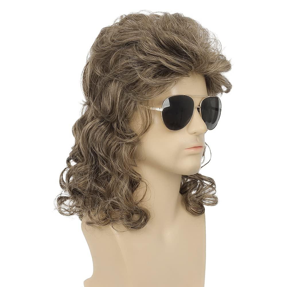 imageMens White Long Curly Wig 70s 80s Rocker Wig with Bangs Synthetic Heat Resistant Halloween Cosplay Costume WigLight Brown