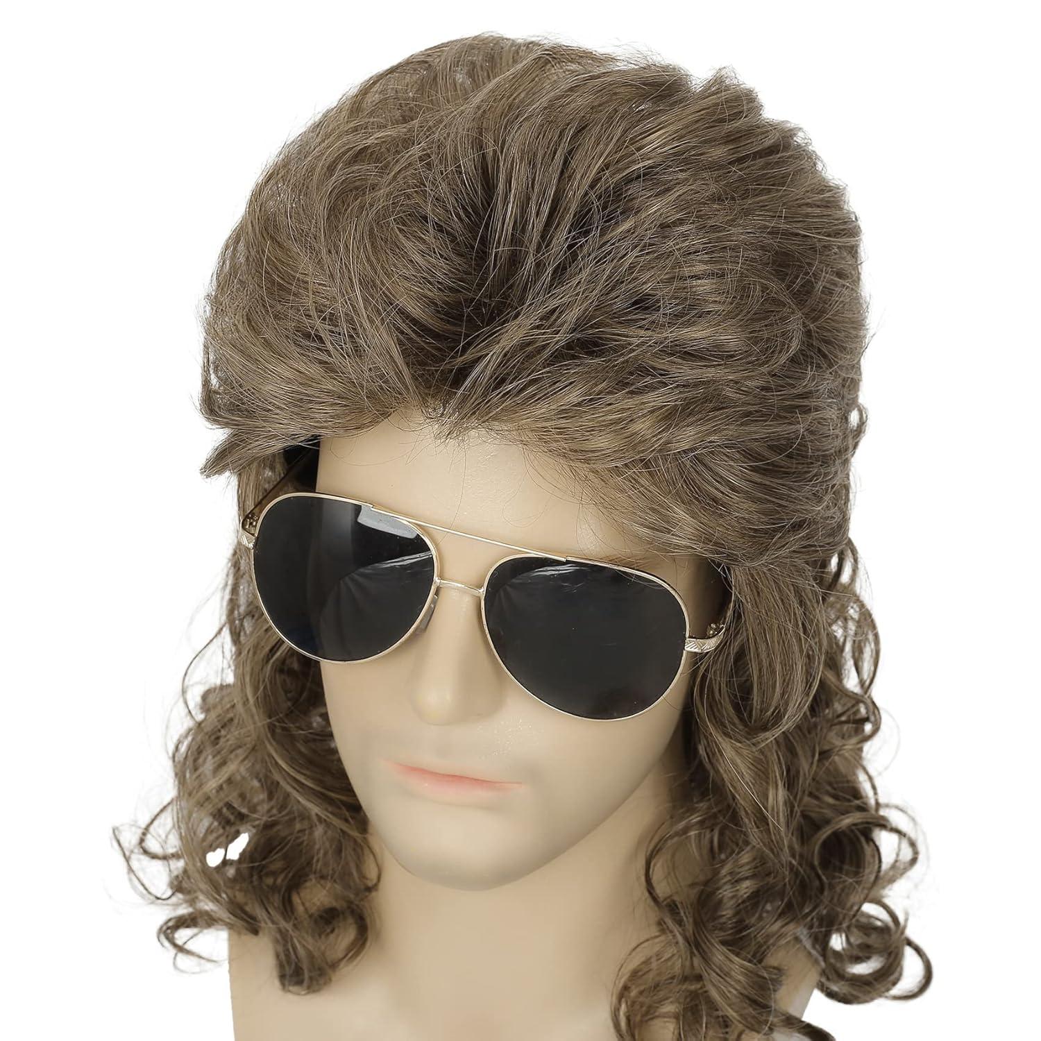 imageMens White Long Curly Wig 70s 80s Rocker Wig with Bangs Synthetic Heat Resistant Halloween Cosplay Costume WigLight Brown