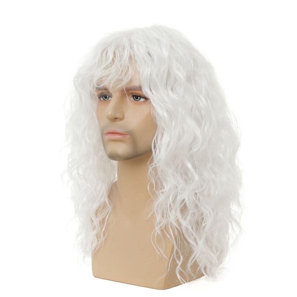 imageMens White Long Curly Wig 70s 80s Rocker Wig with Bangs Synthetic Heat Resistant Halloween Cosplay Costume WigWhite