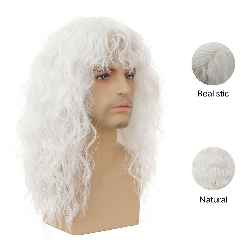 imageMens White Long Curly Wig 70s 80s Rocker Wig with Bangs Synthetic Heat Resistant Halloween Cosplay Costume WigWhite